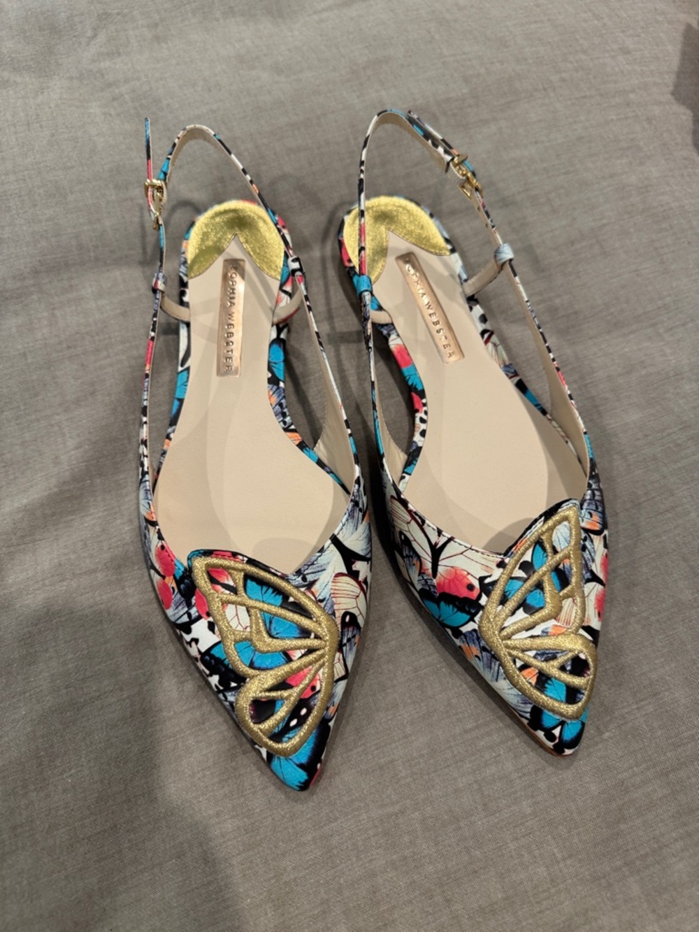 Sophia Webster Multicolor Pointed Slingback Flats w Gold Butterfly Detail 39.5